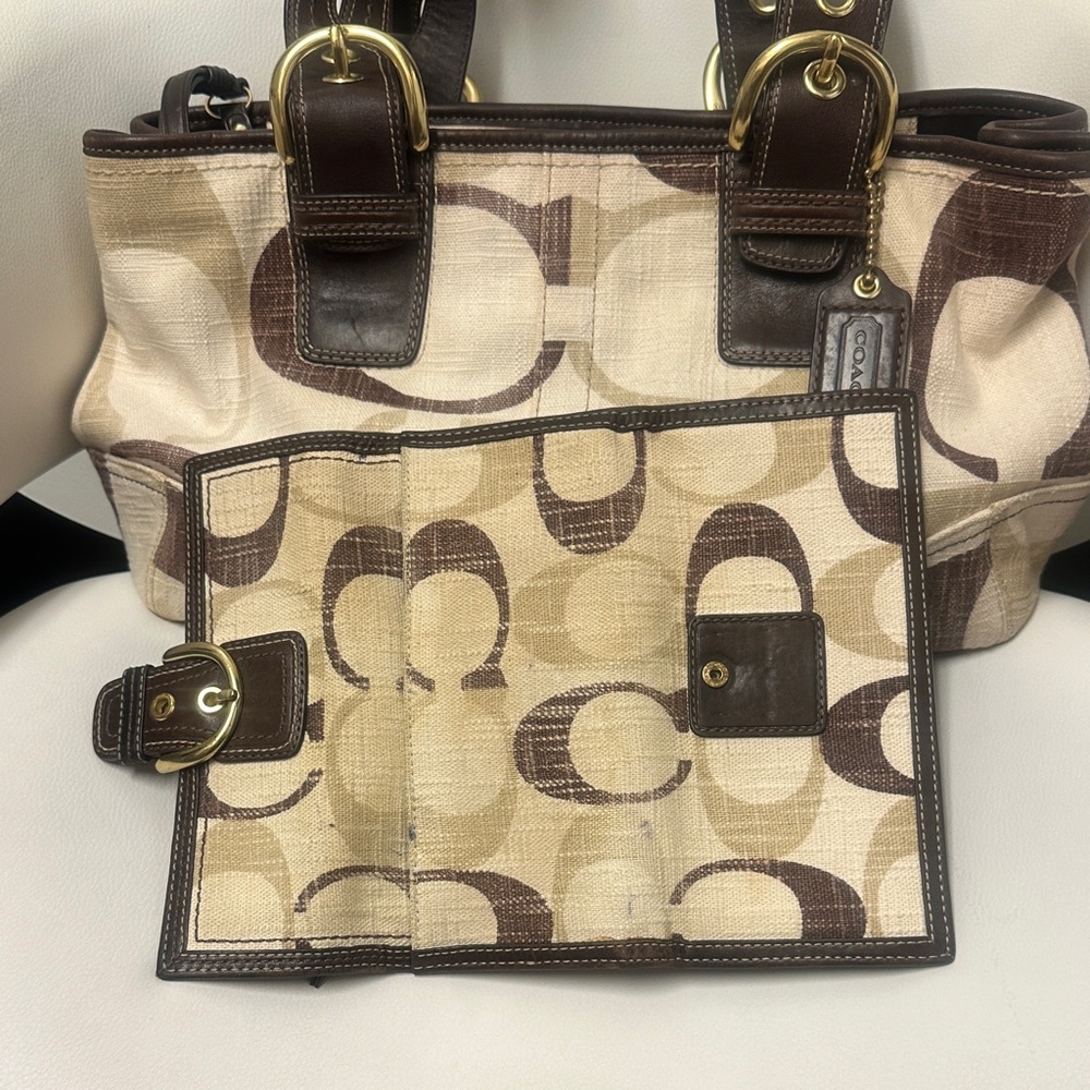 COACH (SET) Y2K TONAL SIGNATURE CANVAS SHOULDER TOTE, Brown & Cream with Wallet - Picture 8 of 13